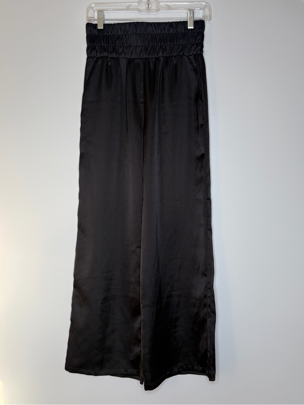 Sincerely Jules Black Wide-Leg Satin Pants with Smocked Waist, size Medium